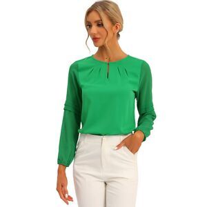 Work Tops Chiffon Shirt Semi Sheer Keyhole Neck Blouse Bright Green